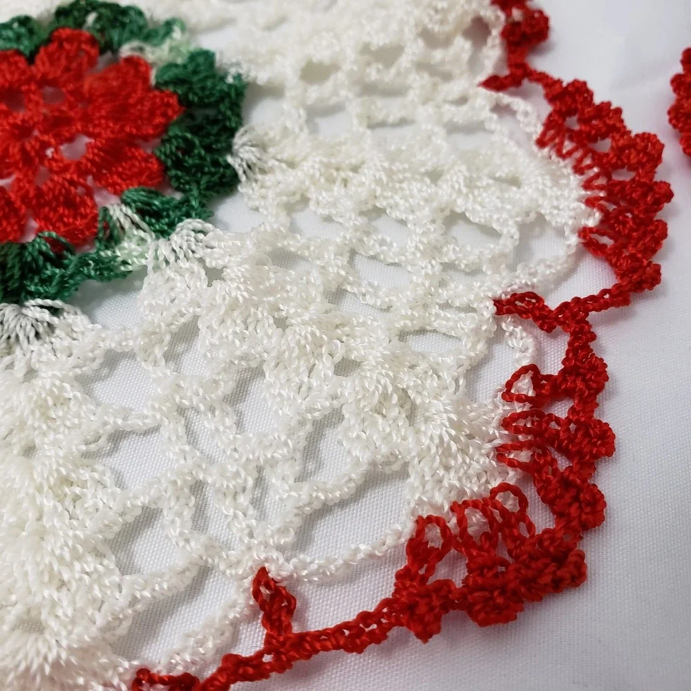 Vintage Crochet Doilies Red White Green 7 Inches Set Of 5